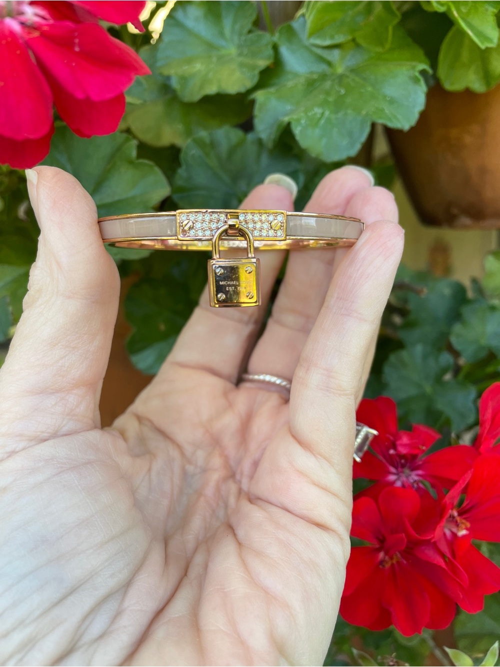 Michael Kors Rose Gold Blush Enamel Pavé Crystal Padlock Bangle Bracelet